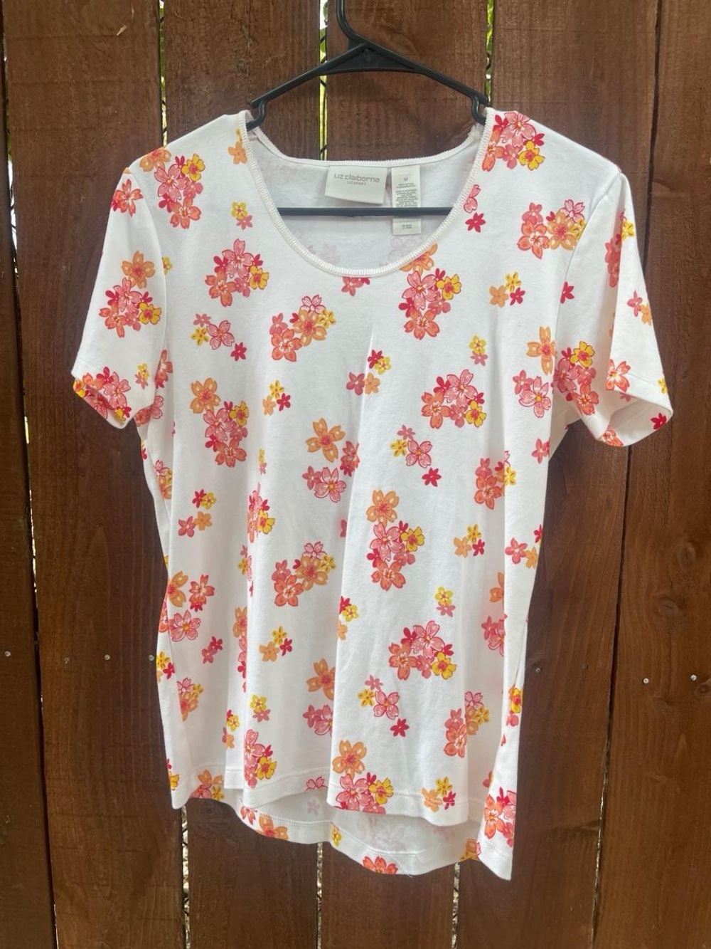 VTG Liz Claiborne Y2k White Dainty Floral Cotton Short Sleeve Tee Sz M
